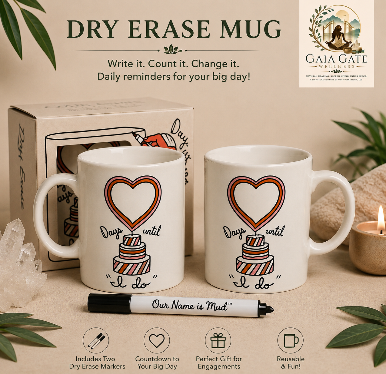 💍 Days Until “I Do” Dry Erase Mug
Our Name Is Mud™ Ceramic Mug | Available Individually or as a Set of Two