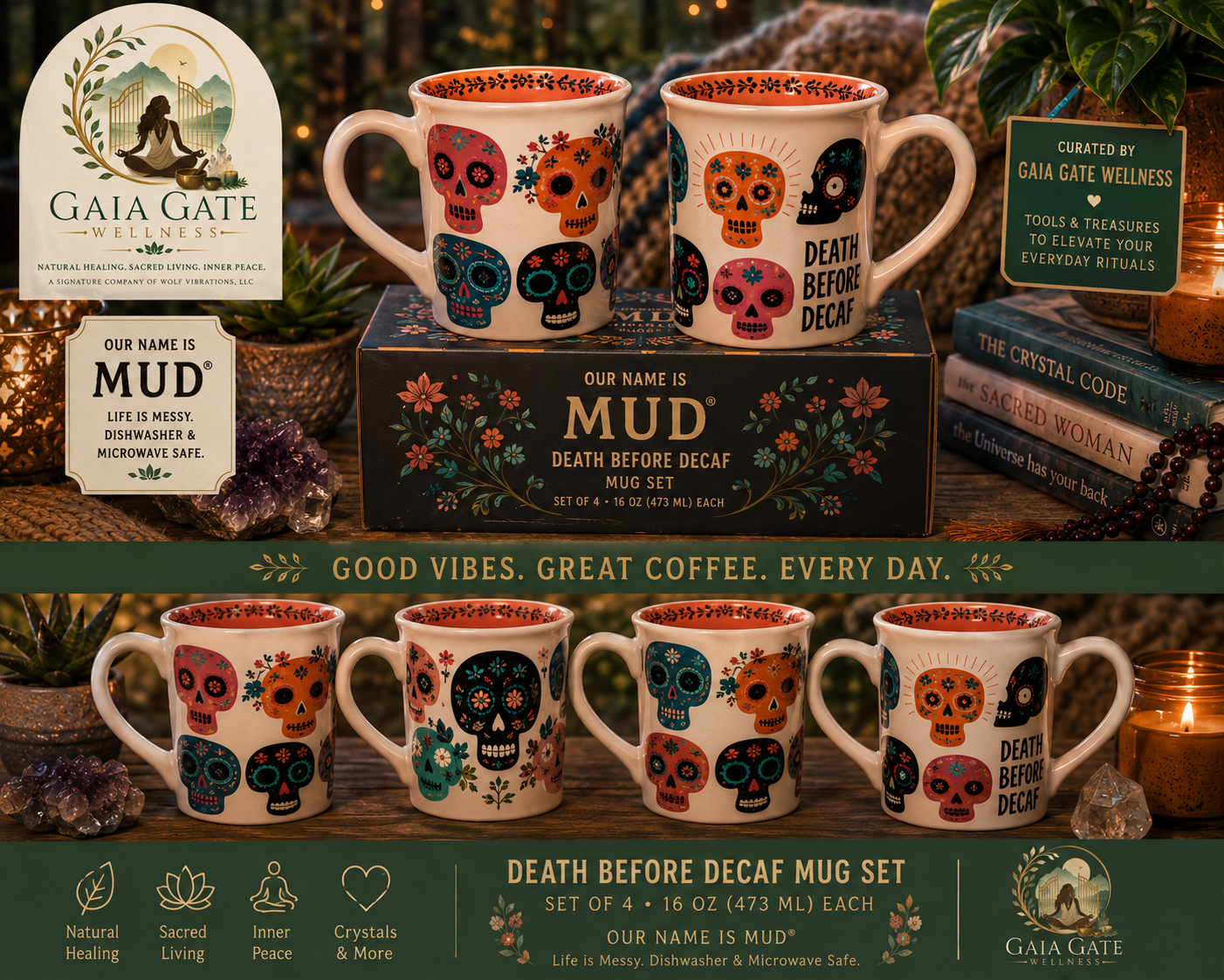 Our Name Is Mud® Death Before Decaf Mug Set (Set of 1, 2, and 4) |Curated by Gaia Gate Wellness
